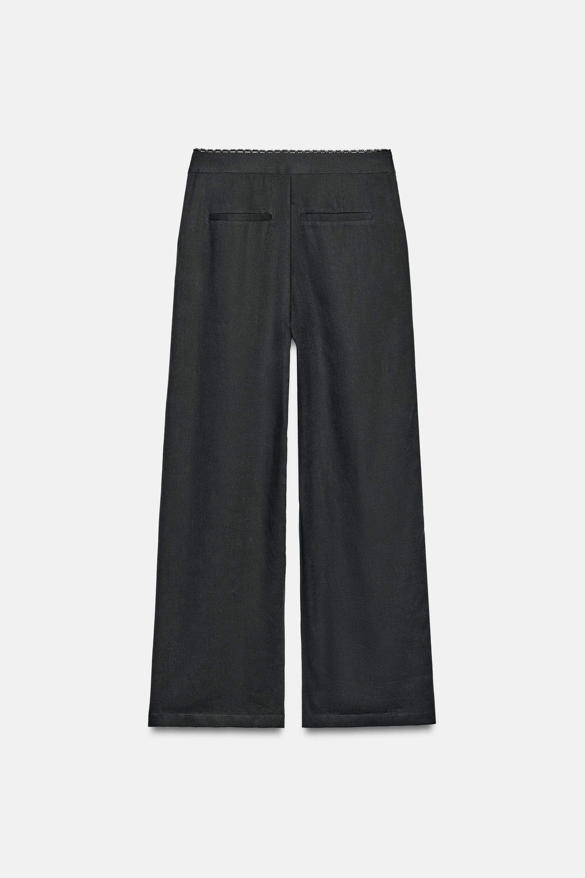 STRAIGHT LEG LINEN PANTS WITH LACE TRIM